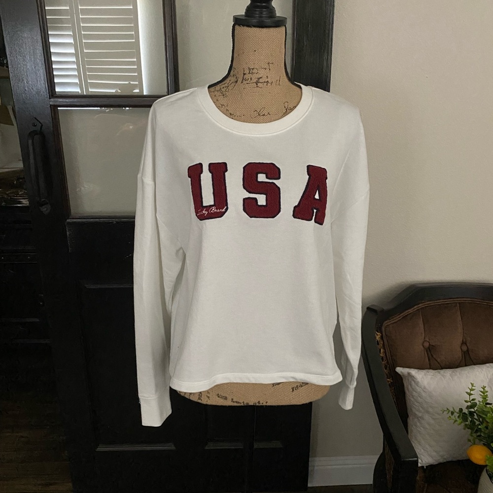 NWT. Lucky Brand Cotton Blend White Americana Sweatshirt, Sz XL